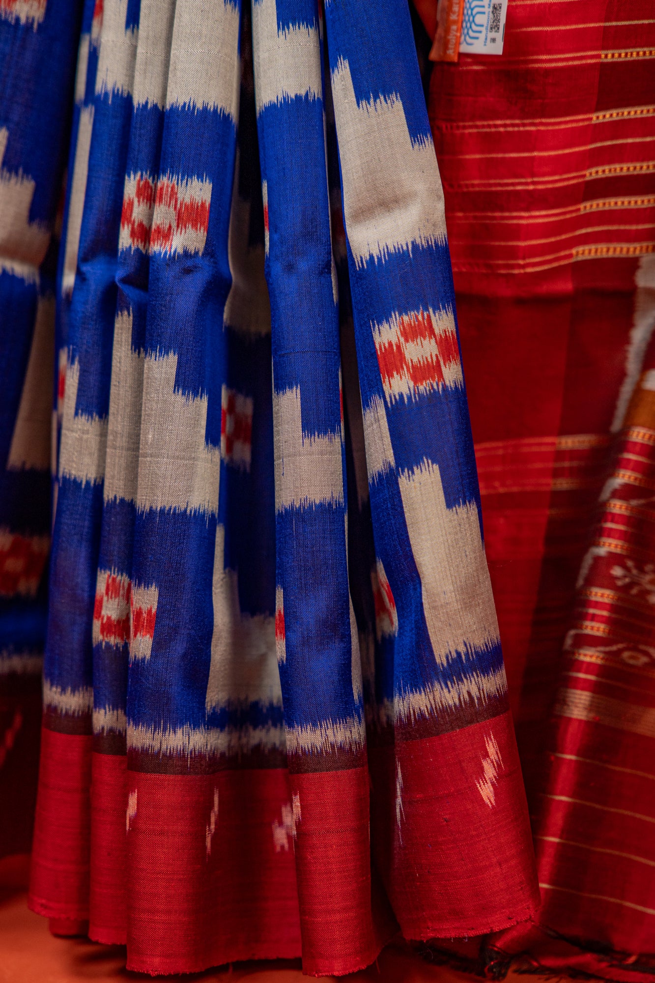 Cobalt Blue Khandua Silk Saree with Temple-Step Geometric Motifs | Odisha Handloom