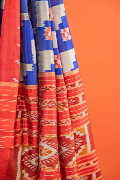 Cobalt Blue Khandua Silk Saree with Temple-Step Geometric Motifs | Odisha Handloom