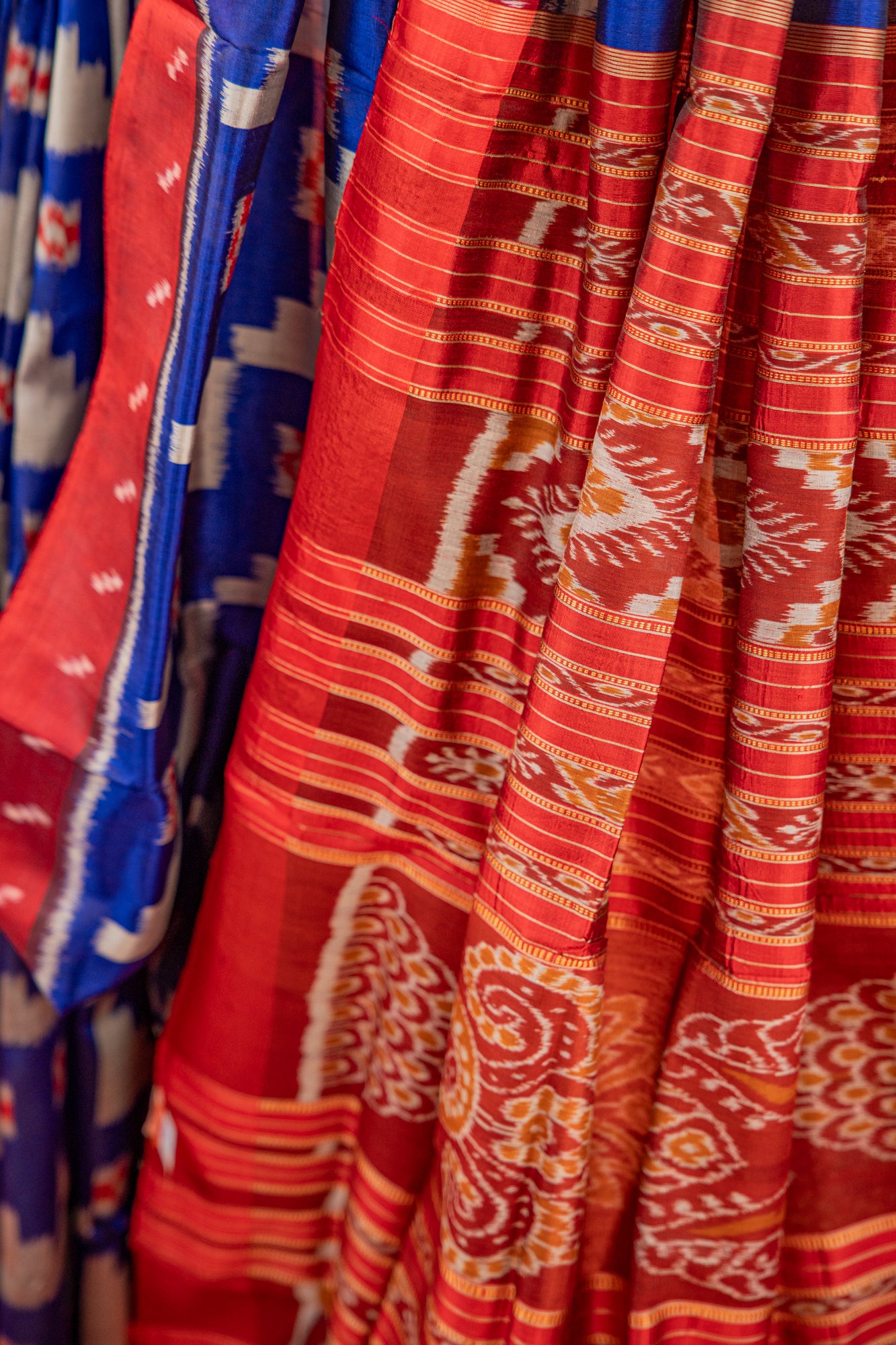 Cobalt Blue Khandua Silk Saree with Temple-Step Geometric Motifs | Odisha Handloom