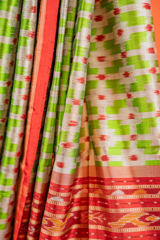 Parrot Green Khandua Silk Saree with Geometric Grid Ikat Design | Odisha Handloom