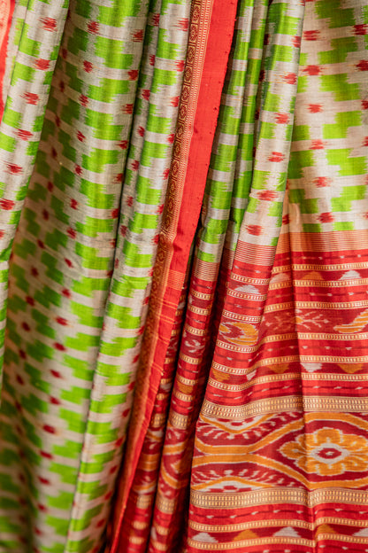 Parrot Green Khandua Silk Saree with Geometric Grid Ikat Design | Odisha Handloom