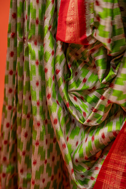 Parrot Green Khandua Silk Saree with Geometric Grid Ikat Design | Odisha Handloom