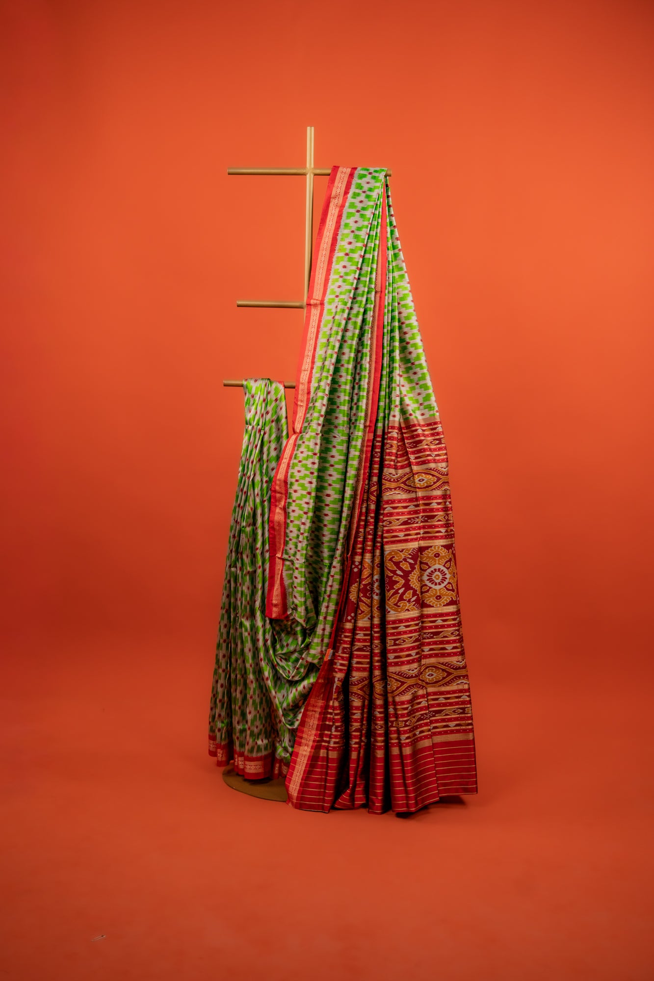Parrot Green Khandua Silk Saree with Geometric Grid Ikat Design | Odisha Handloom
