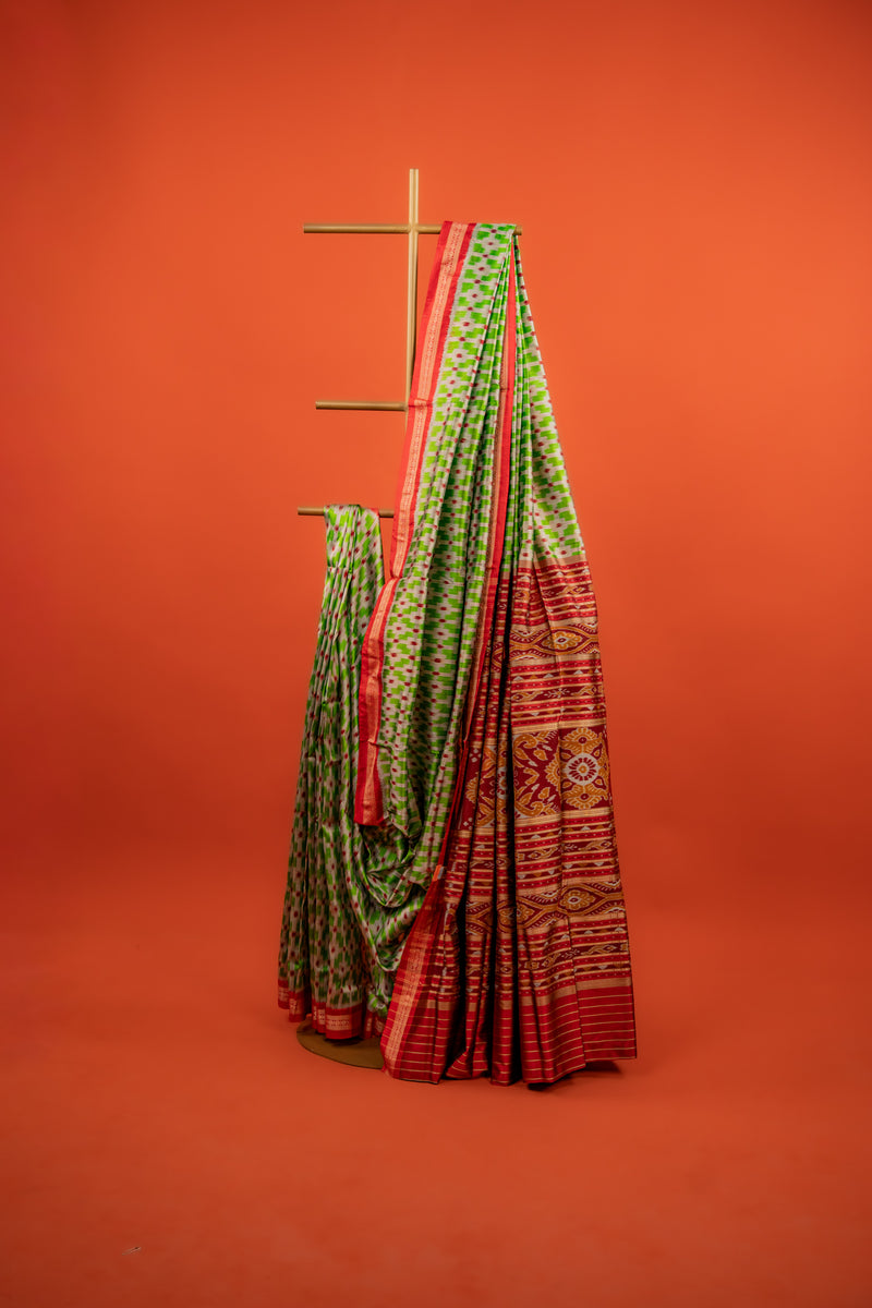 Parrot Green Khandua Silk Saree with Geometric Grid Ikat Design | Odisha Handloom