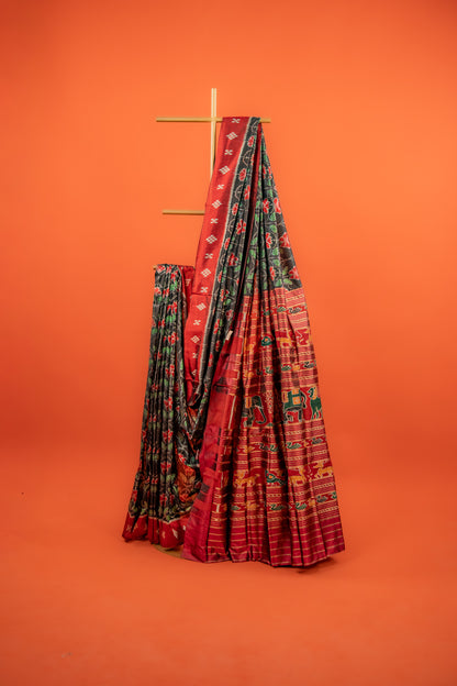 Emerald Green & Black Khandua Silk Saree with Geometric Ikat Border | Odisha Handloom