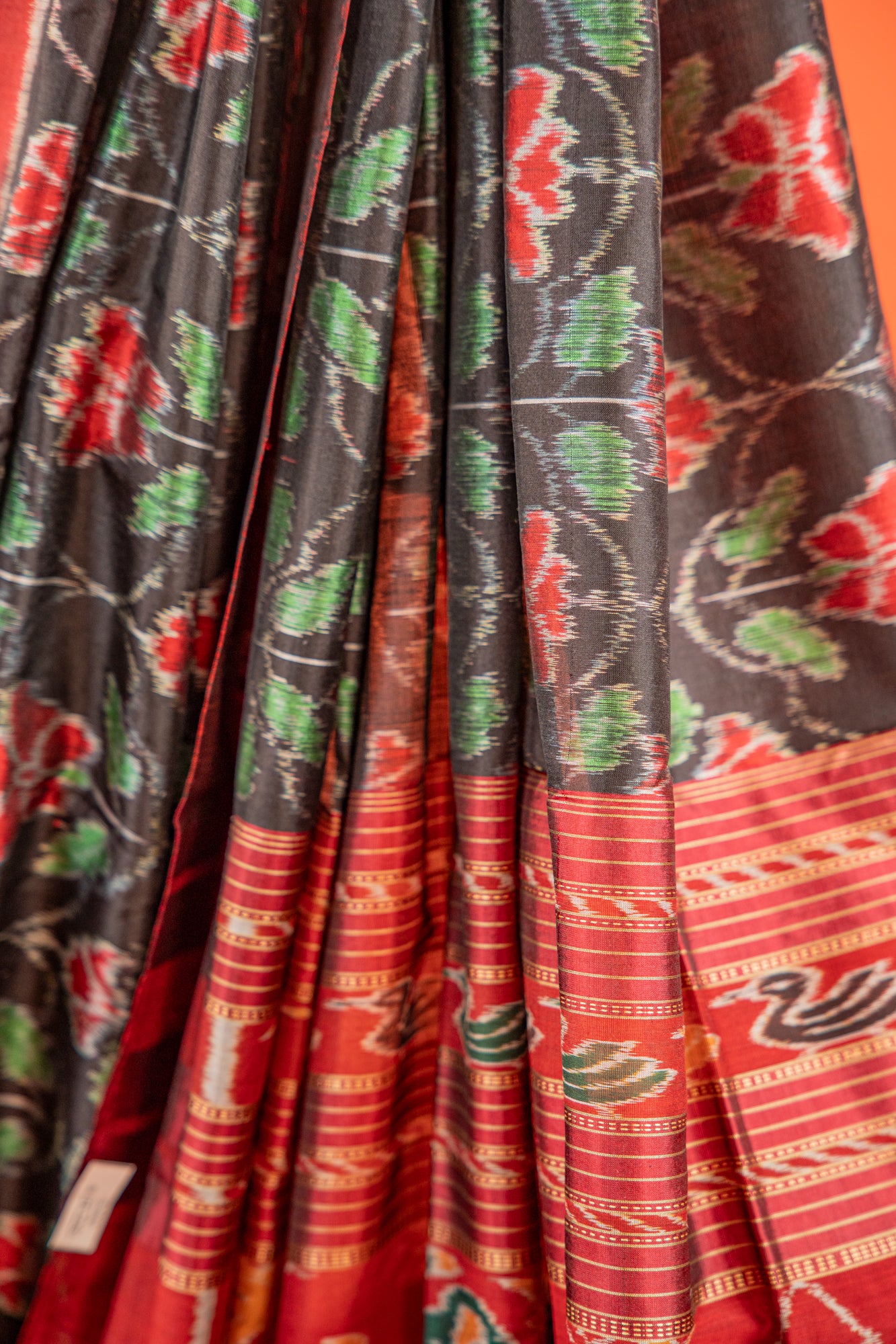 Emerald Green & Black Khandua Silk Saree with Geometric Ikat Border | Odisha Handloom