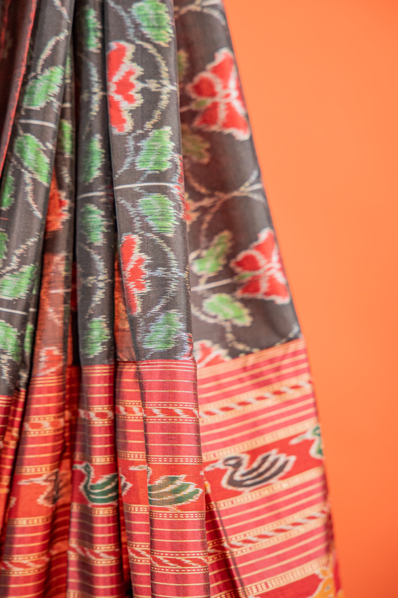 Emerald Green & Black Khandua Silk Saree with Geometric Ikat Border | Odisha Handloom