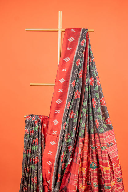 Emerald Green & Black Khandua Silk Saree with Geometric Ikat Border | Odisha Handloom