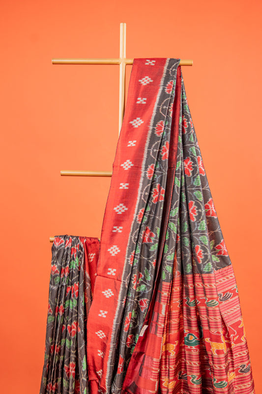 Emerald Green & Black Khandua Silk Saree with Geometric Ikat Border | Odisha Handloom