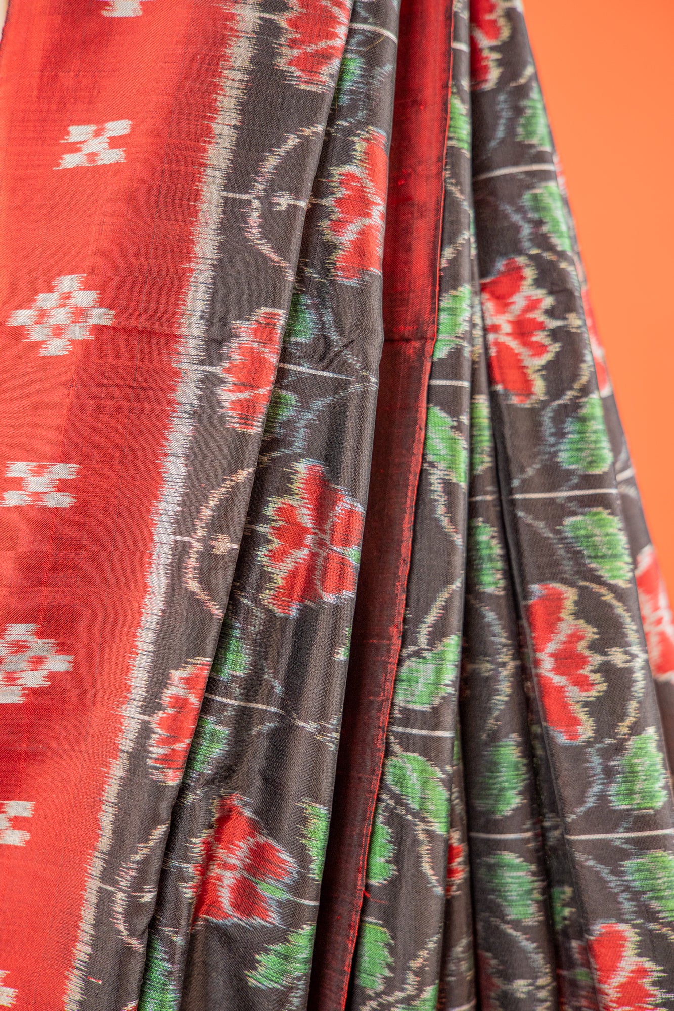 Emerald Green & Black Khandua Silk Saree with Geometric Ikat Border | Odisha Handloom
