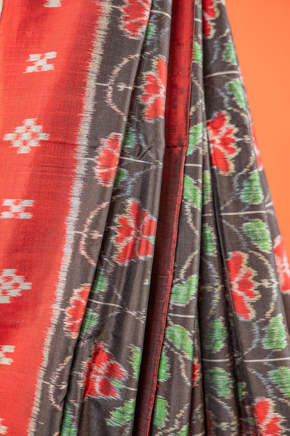 Emerald Green & Black Khandua Silk Saree with Geometric Ikat Border | Odisha Handloom