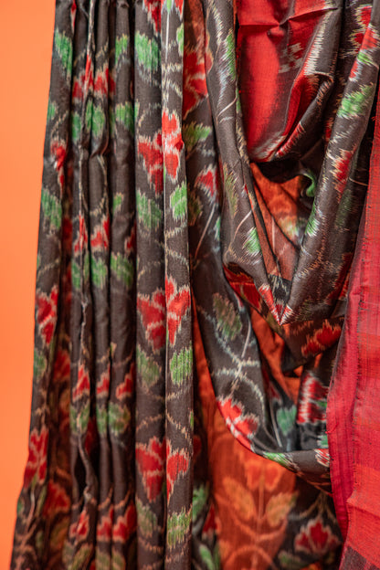 Emerald Green & Black Khandua Silk Saree with Geometric Ikat Border | Odisha Handloom