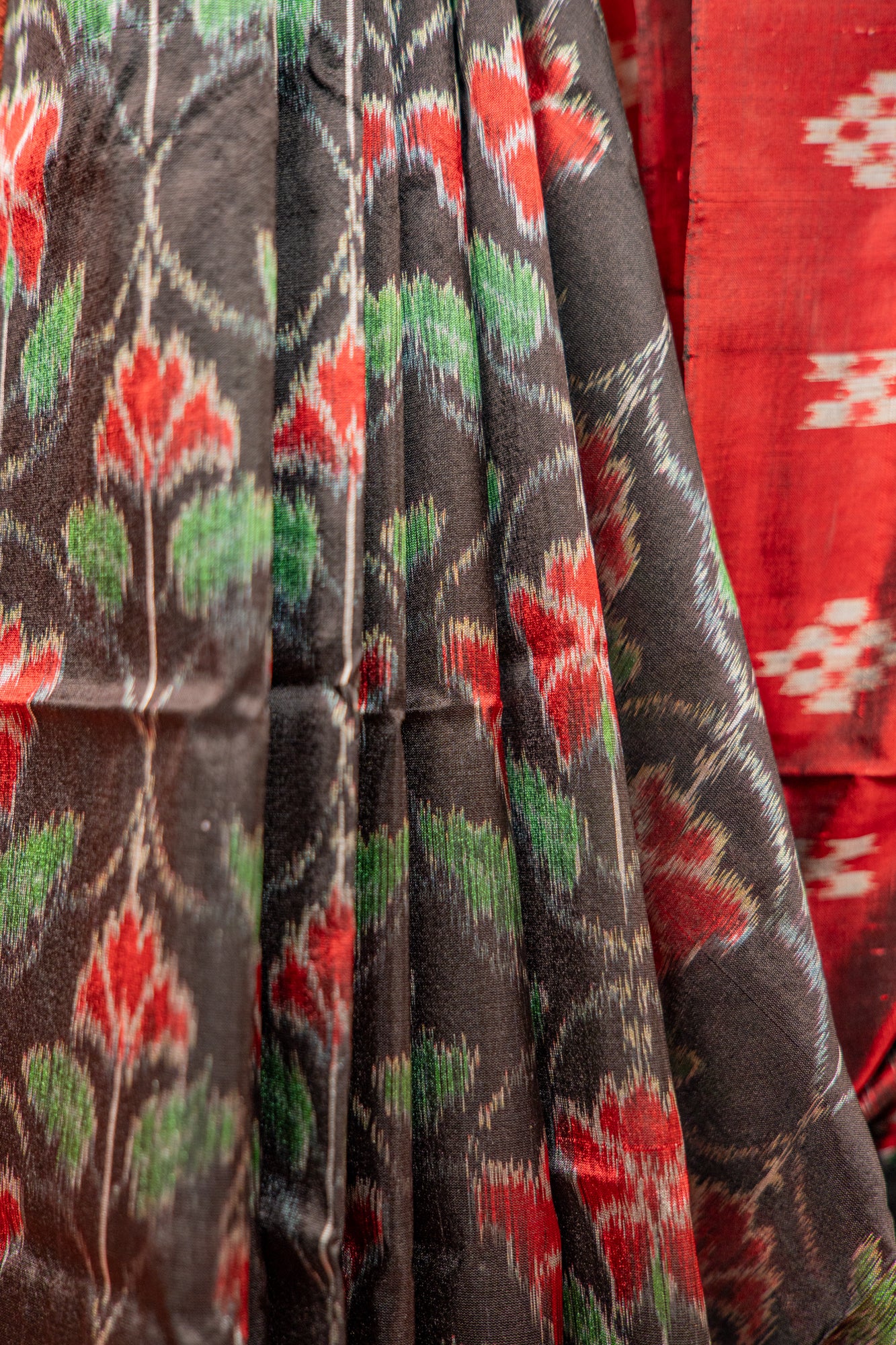 Emerald Green & Black Khandua Silk Saree with Geometric Ikat Border | Odisha Handloom