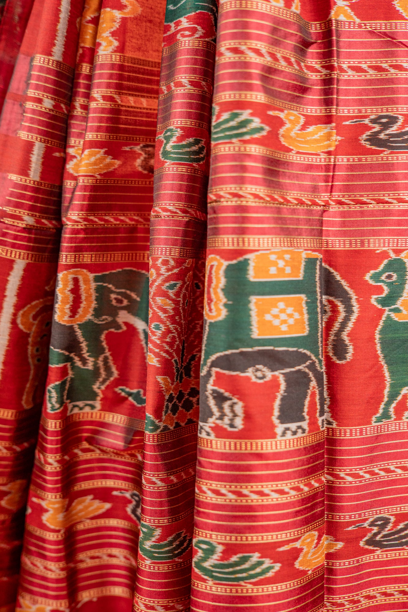 Emerald Green & Black Khandua Silk Saree with Geometric Ikat Border | Odisha Handloom