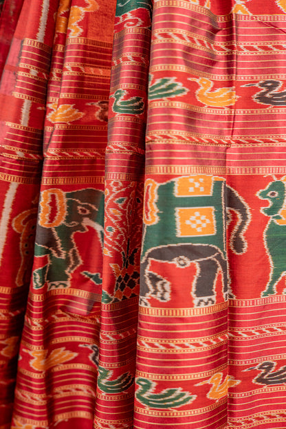 Emerald Green & Black Khandua Silk Saree with Geometric Ikat Border | Odisha Handloom