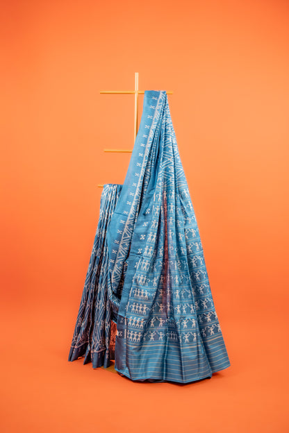 Ocean Blue Khandua Silk Saree with Diamond Ikat Grid | Odisha Handloom