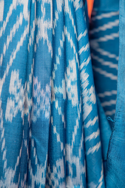 Ocean Blue Khandua Silk Saree with Diamond Ikat Grid | Odisha Handloom