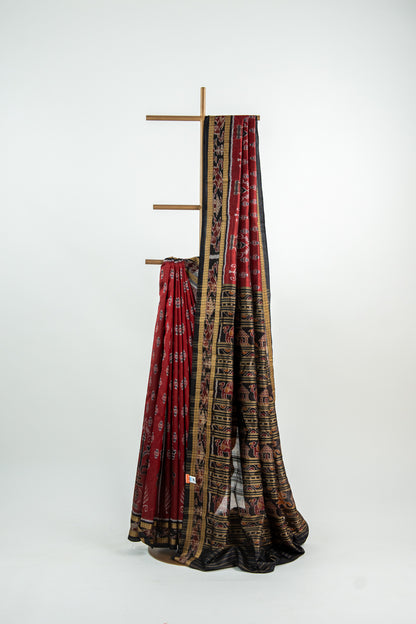 Maroon/Burgundy , Jet Black Khandua Silk Saree