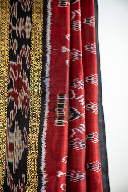 Maroon/Burgundy , Jet Black Khandua Silk Saree