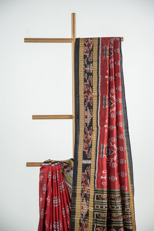 Maroon/Burgundy , Jet Black Khandua Silk Saree