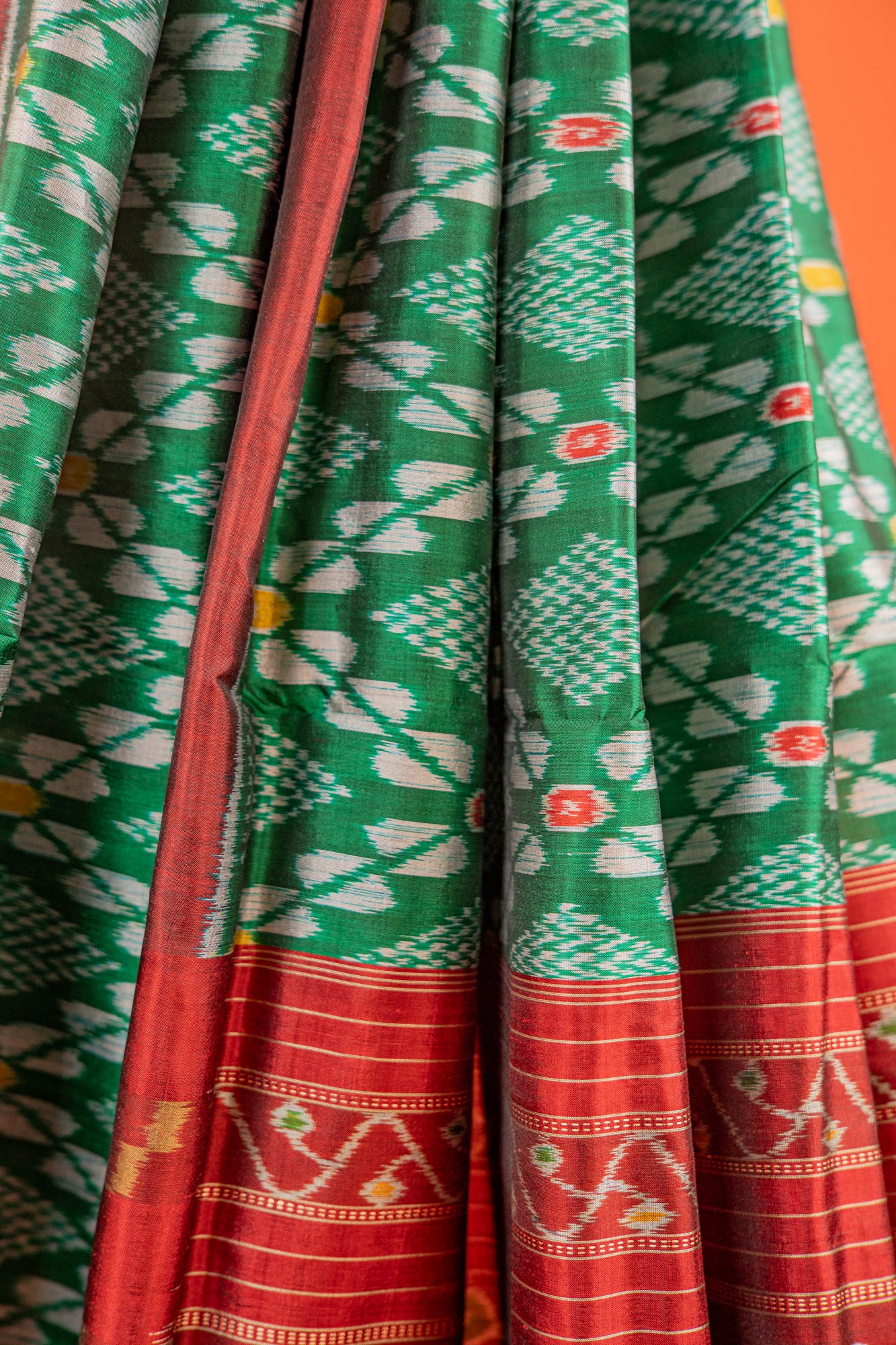 Bottle Green Khandua Silk Saree with Checkered Ikat Buttis | Odisha Handloom