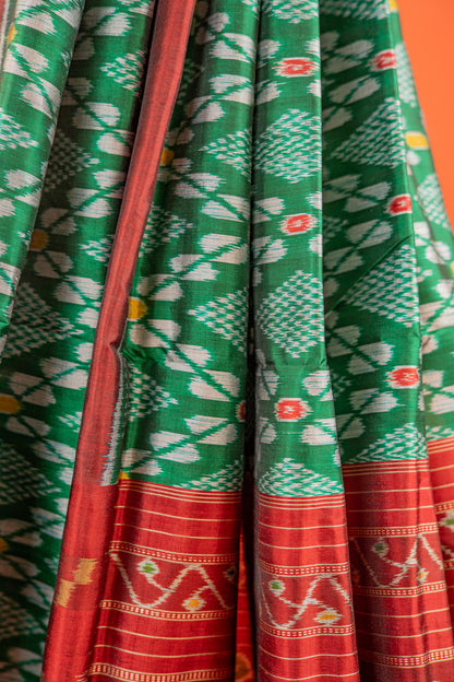 Bottle Green Khandua Silk Saree with Checkered Ikat Buttis | Odisha Handloom