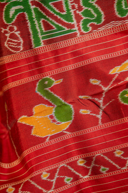 Bottle Green Khandua Silk Saree with Checkered Ikat Buttis | Odisha Handloom