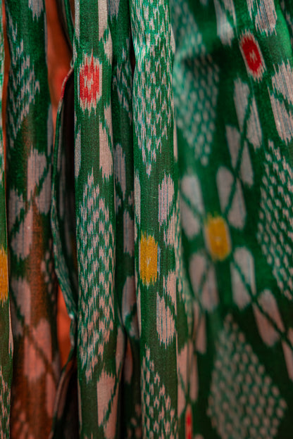 Bottle Green Khandua Silk Saree with Checkered Ikat Buttis | Odisha Handloom