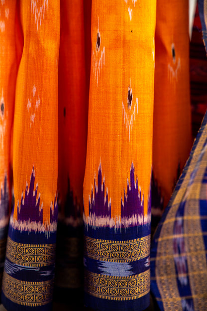 Marigold Orange and Royal Purple Khandua Silk Saree