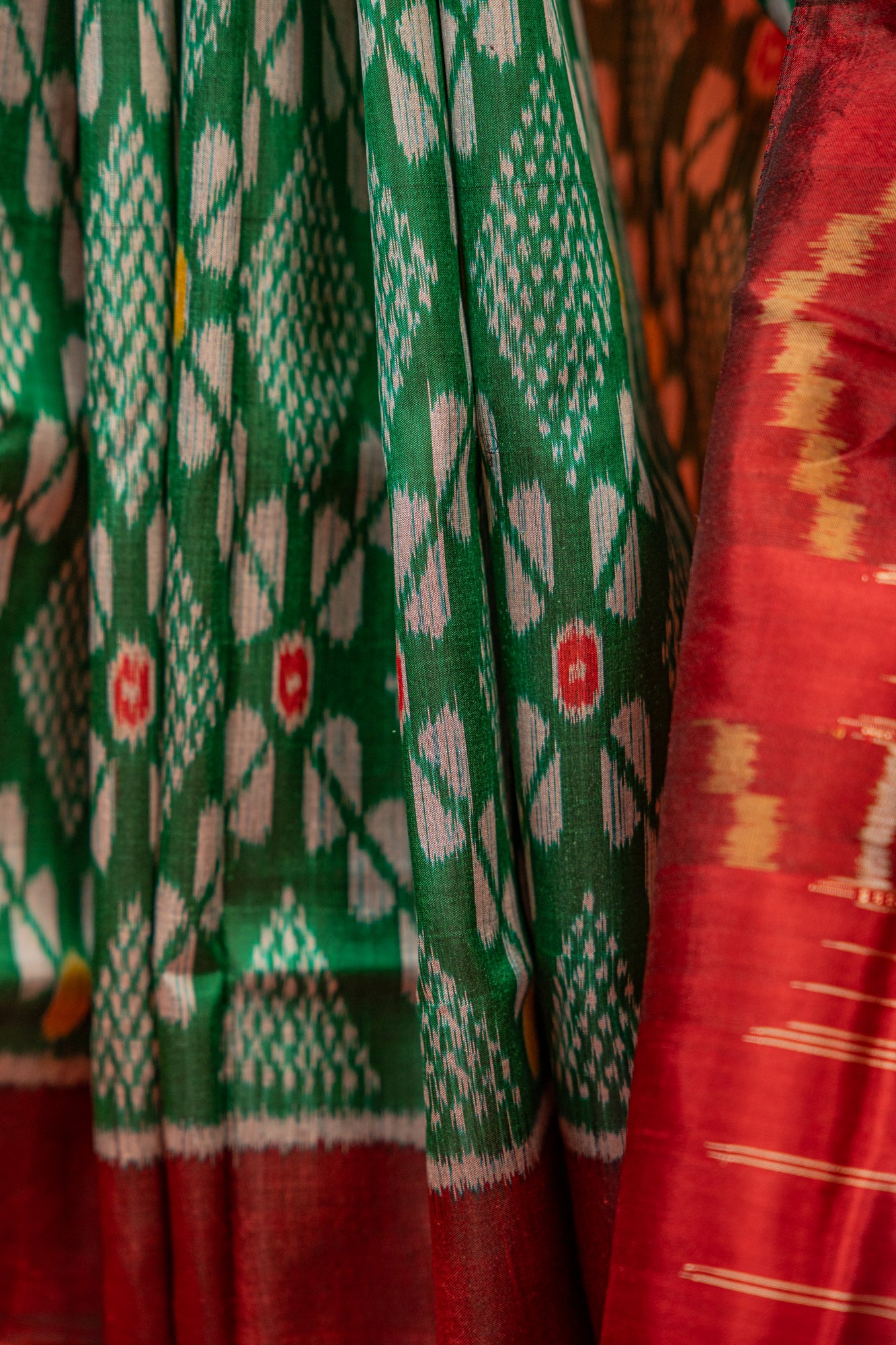 Bottle Green Khandua Silk Saree with Checkered Ikat Buttis | Odisha Handloom