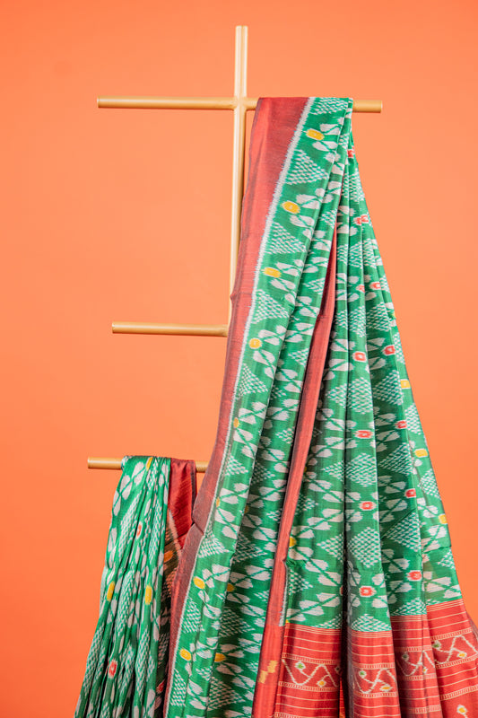 Bottle Green Khandua Silk Saree with Checkered Ikat Buttis | Odisha Handloom