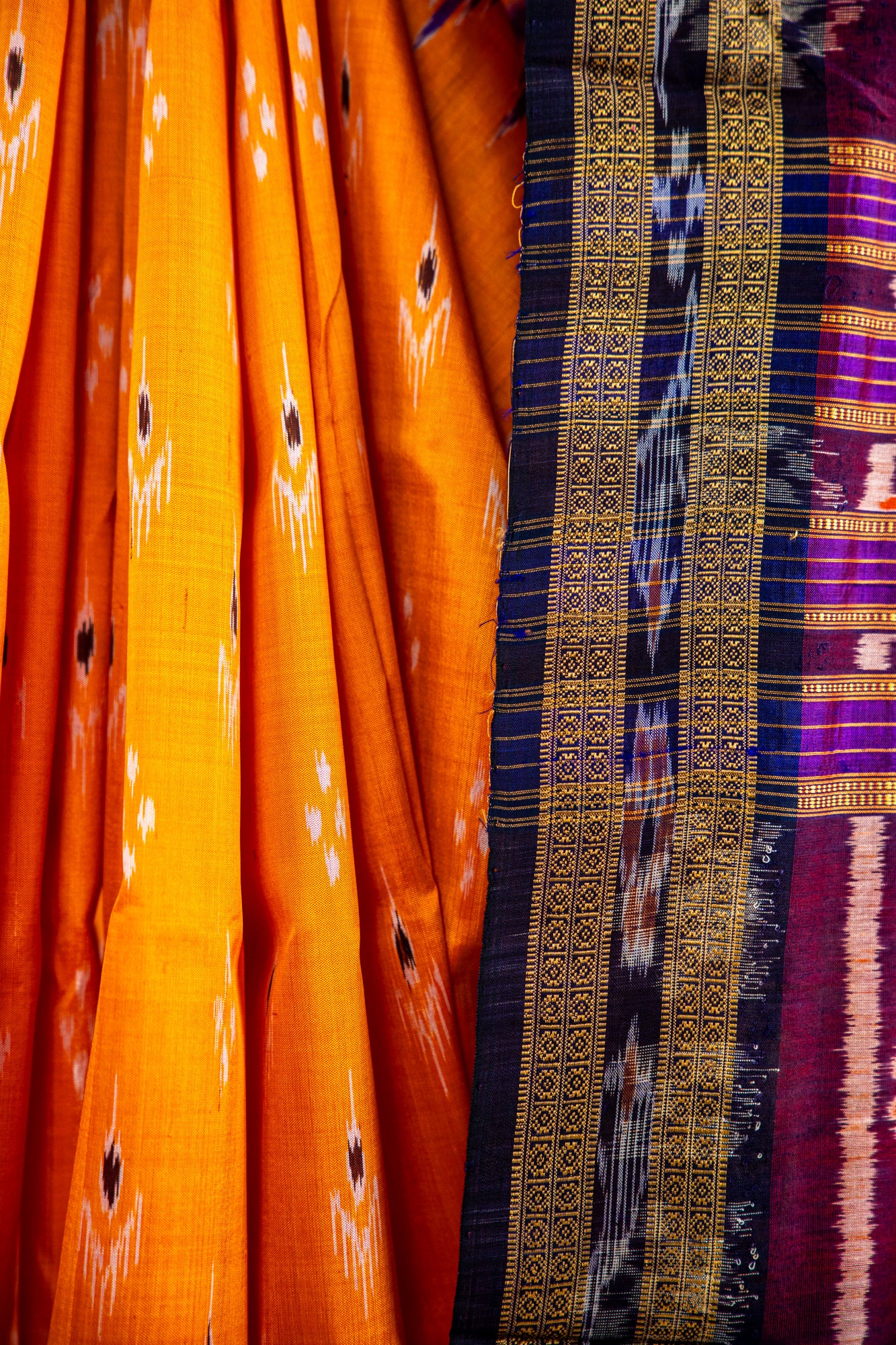 Marigold Orange and Royal Purple Khandua Silk Saree