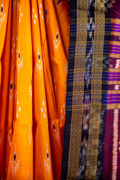 Marigold Orange and Royal Purple Khandua Silk Saree