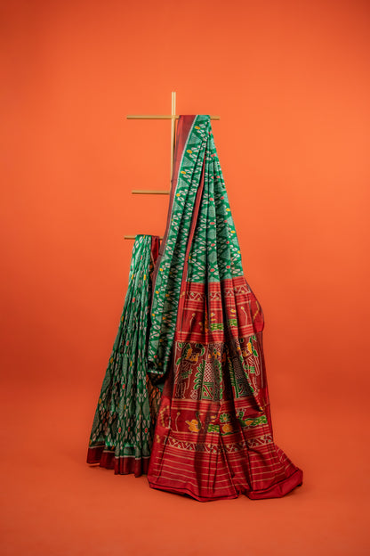 Bottle Green Khandua Silk Saree with Checkered Ikat Buttis | Odisha Handloom