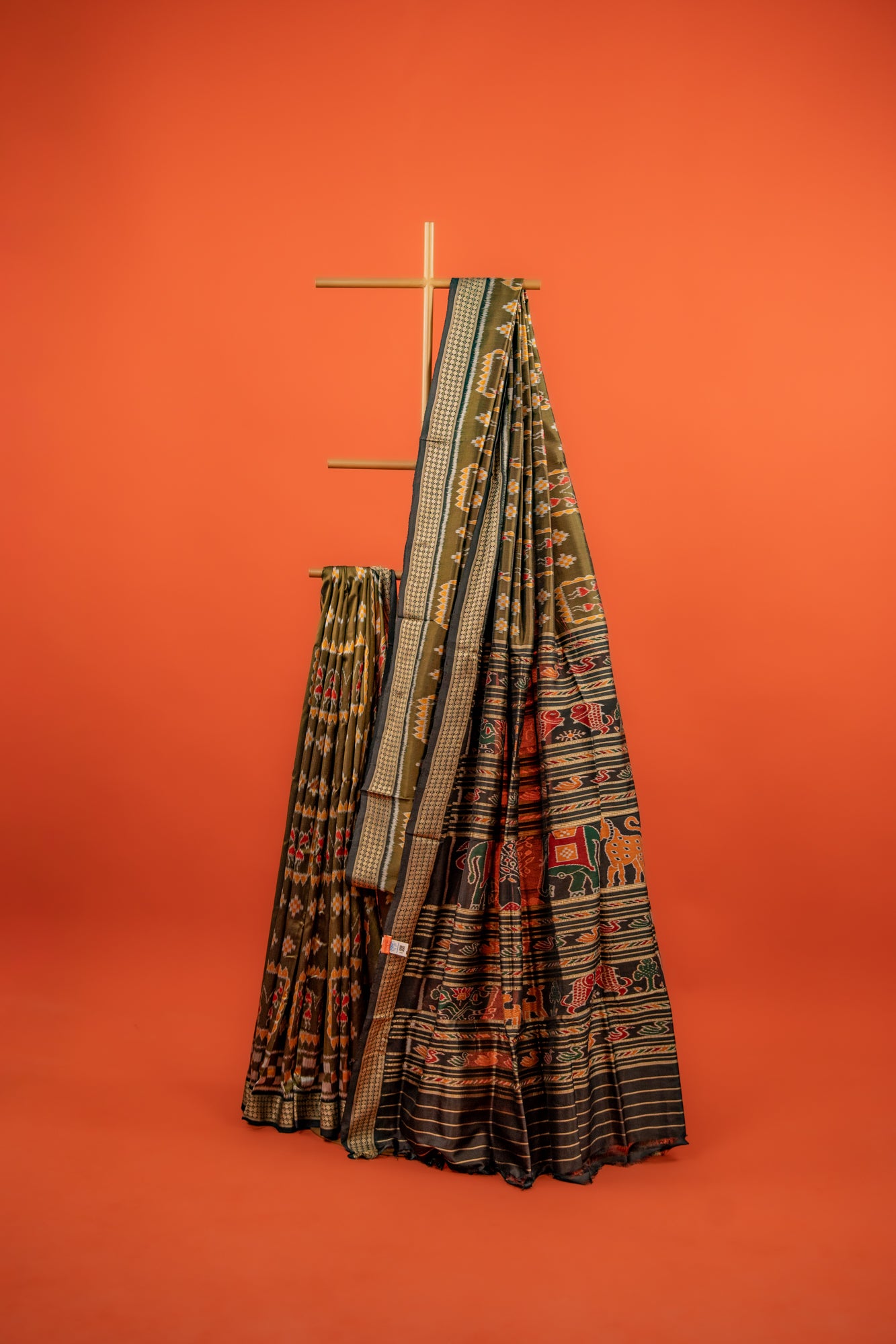 Olive Green Khandua Silk Saree with Nuapatna Ikat Panels | Odisha Handloom