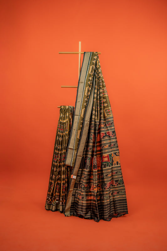 Olive Green Khandua Silk Saree with Nuapatna Ikat Panels | Odisha Handloom