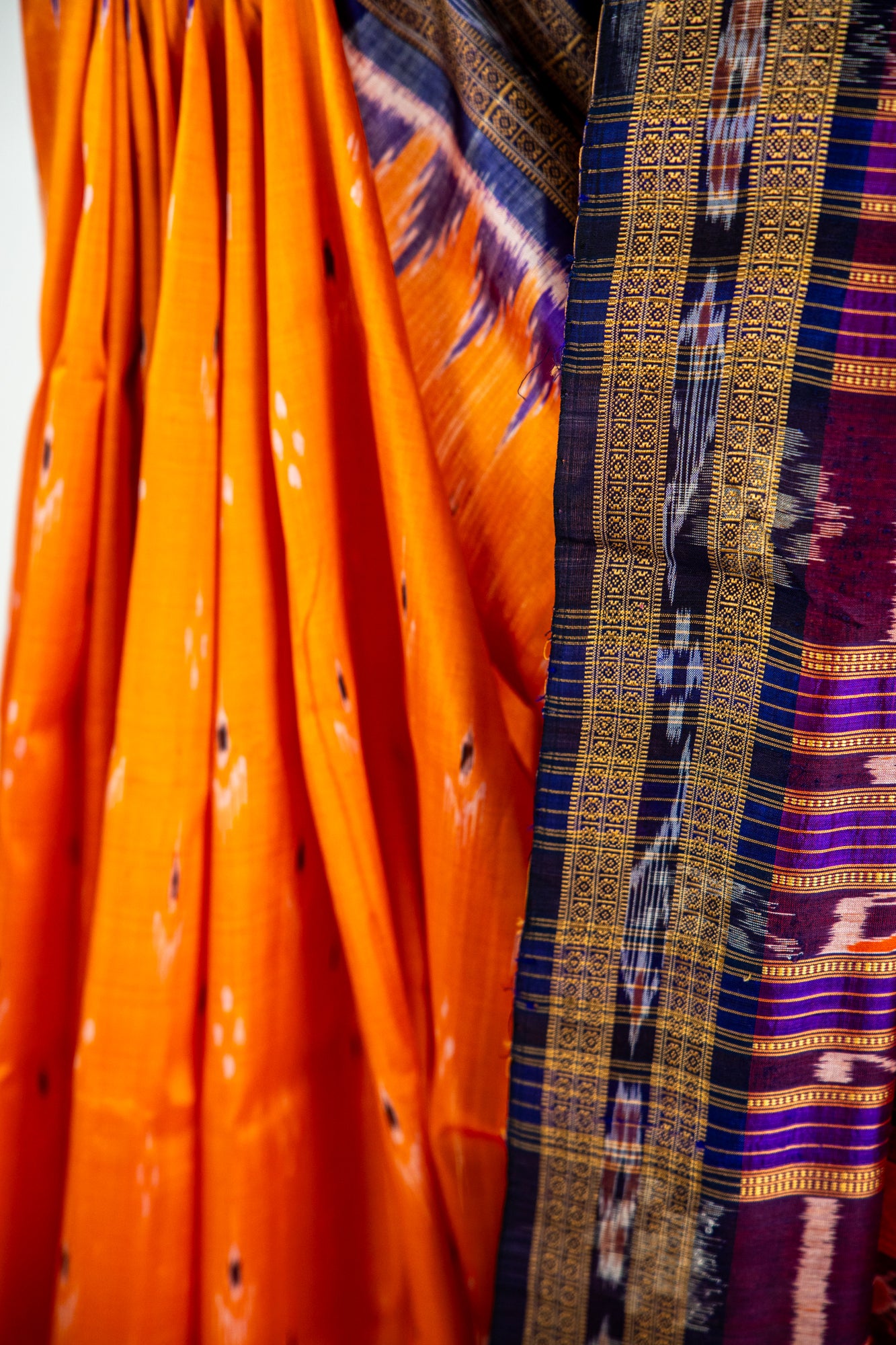 Marigold Orange and Royal Purple Khandua Silk Saree