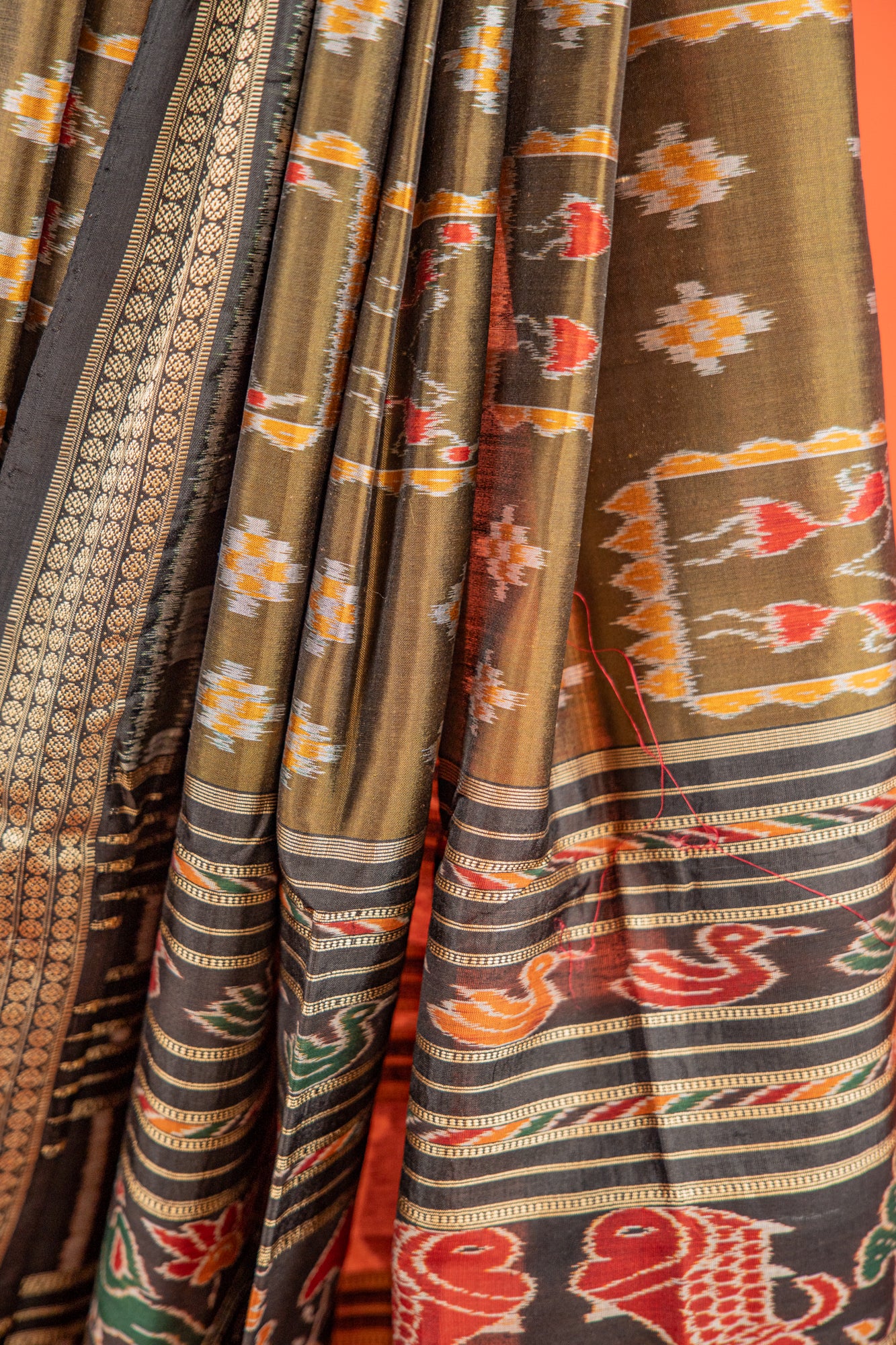Olive Green Khandua Silk Saree with Nuapatna Ikat Panels | Odisha Handloom