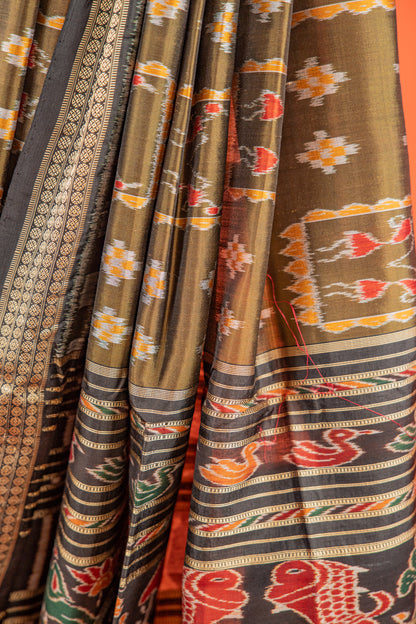 Olive Green Khandua Silk Saree with Nuapatna Ikat Panels | Odisha Handloom