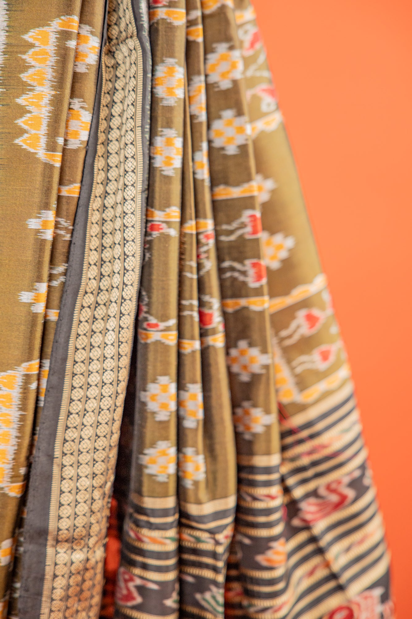 Olive Green Khandua Silk Saree with Nuapatna Ikat Panels | Odisha Handloom