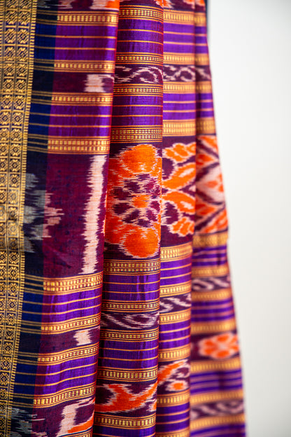 Marigold Orange and Royal Purple Khandua Silk Saree