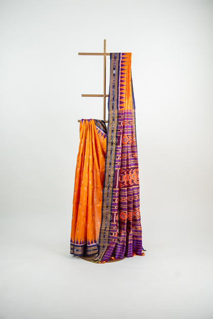 Marigold Orange and Royal Purple Khandua Silk Saree
