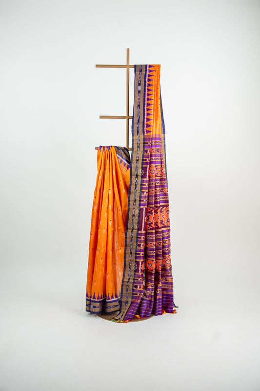 Marigold Orange and Royal Purple Khandua Silk Saree