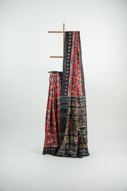 vibrant Brick Red / Coral Red , Charcoal Black Khandua Silk Saree
