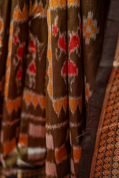 Olive Green Khandua Silk Saree with Nuapatna Ikat Panels | Odisha Handloom