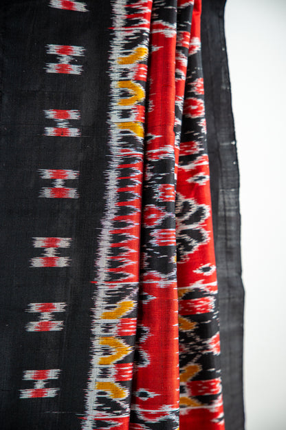 vibrant Brick Red / Coral Red , Charcoal Black Khandua Silk Saree