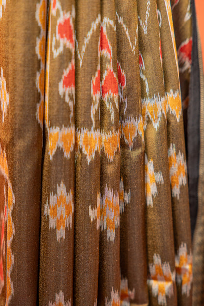Olive Green Khandua Silk Saree with Nuapatna Ikat Panels | Odisha Handloom