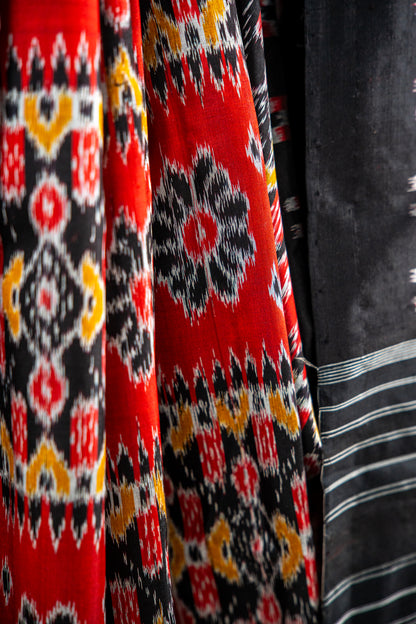 vibrant Brick Red / Coral Red , Charcoal Black Khandua Silk Saree