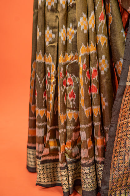 Olive Green Khandua Silk Saree with Nuapatna Ikat Panels | Odisha Handloom