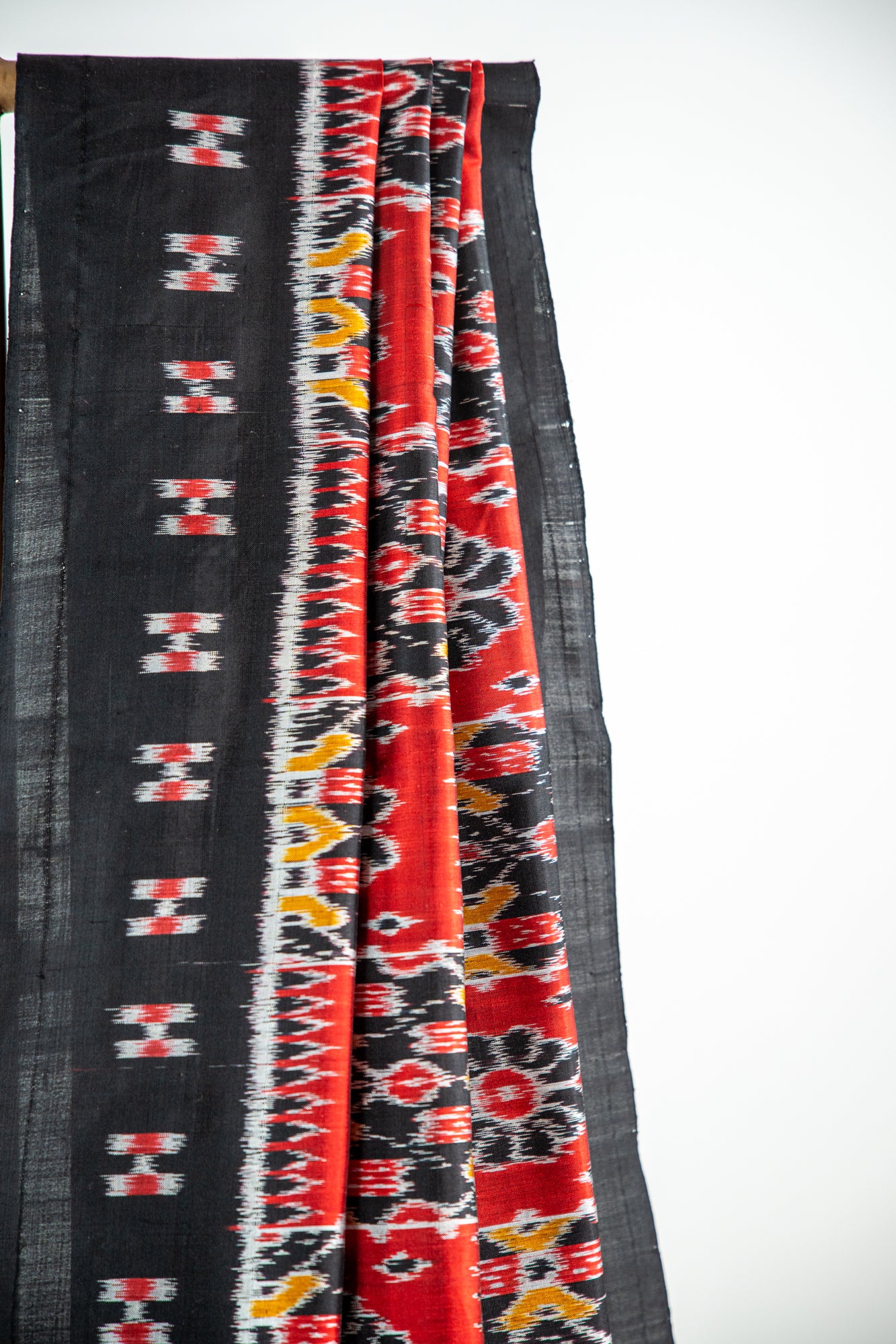 vibrant Brick Red / Coral Red , Charcoal Black Khandua Silk Saree
